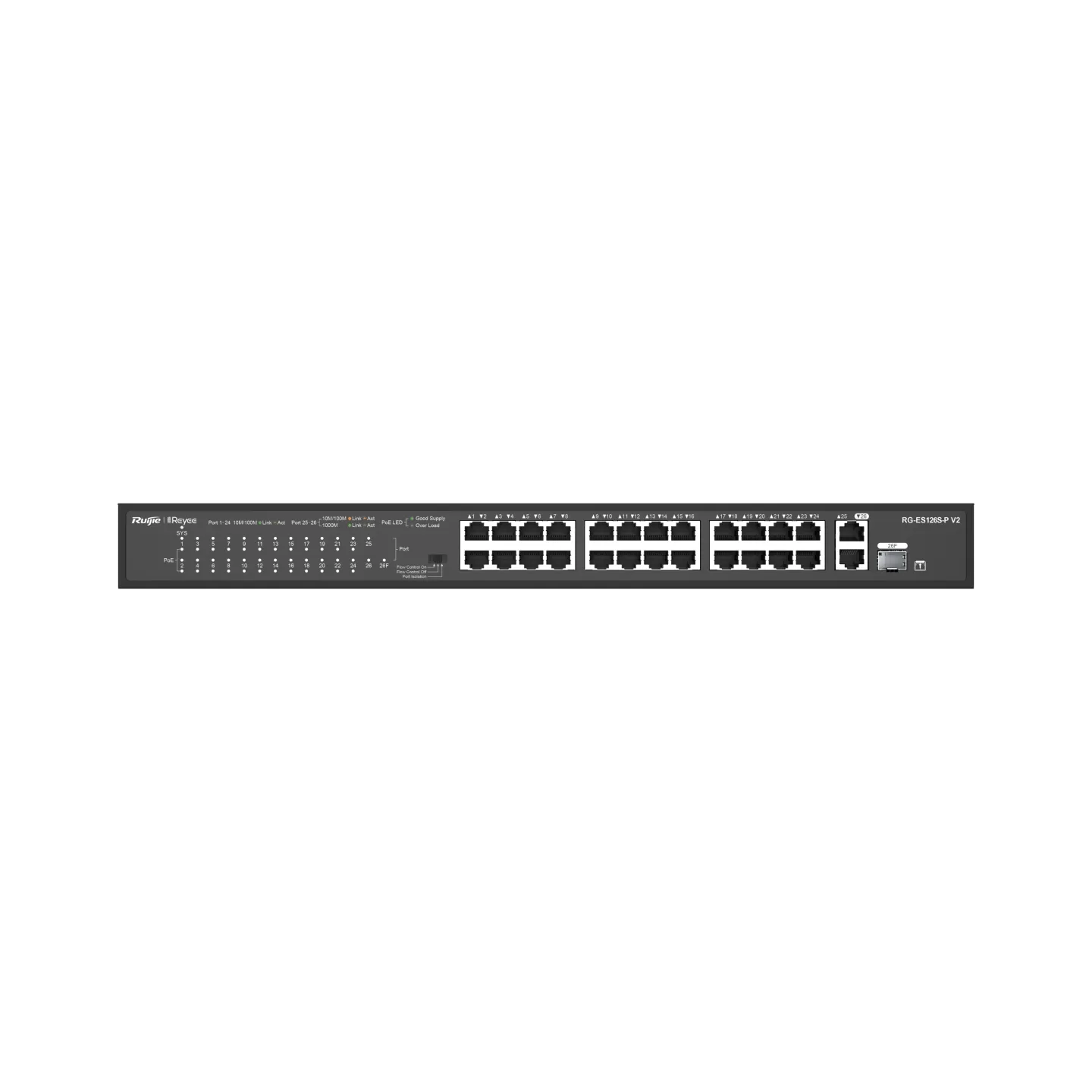 Thiết bị chuyển mạch Gigabit 24 cổng 10/100 Mbps PoE, 2 cổng với 1 cổng combo dạng gắn tủ rack RG-ES126S-P V2